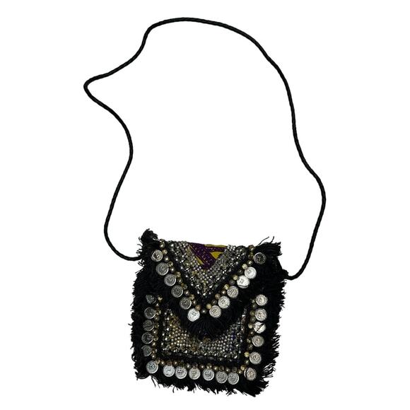 Vipul shah Bohemian Black & Silver Crossbody bag Beadwork & Coin Embellishments - Picture 1 of 7